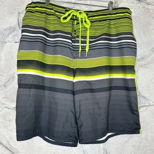 OP | Men’s Board Short Greystone & Neon Green Striped Lined Swim Trunks, Size XL